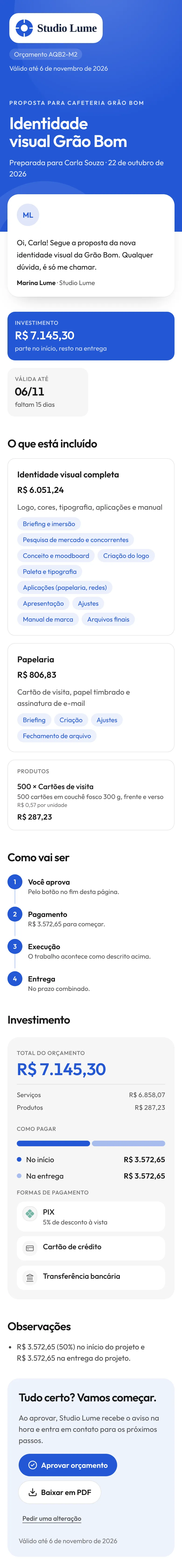 A mesma página no celular, do topo ao botão de aprovar