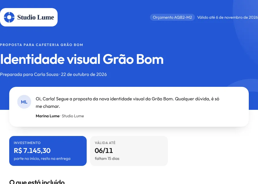 Página que o cliente recebe, com a marca do estúdio fictício Studio Lume em azul