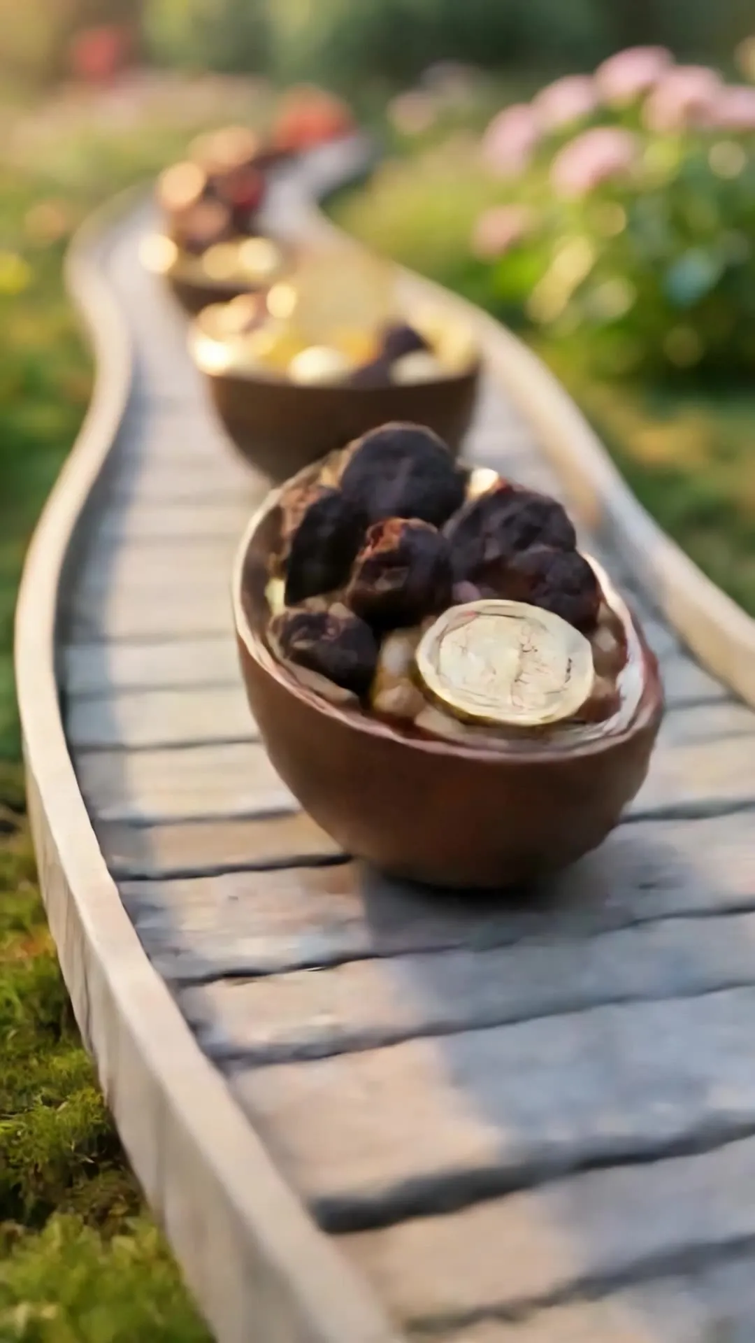 Frame gerado com IA: sacola da Doces da Fer e ovos recheados sobre a trilha de madeira
