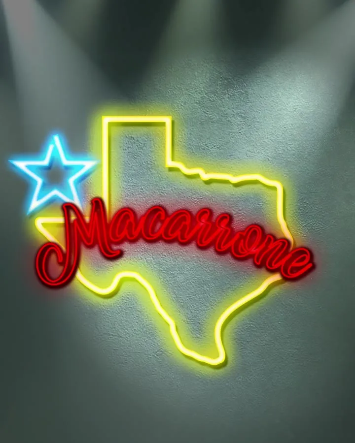 Letreiro de neon com o mapa do Texas e a palavra Macarrone