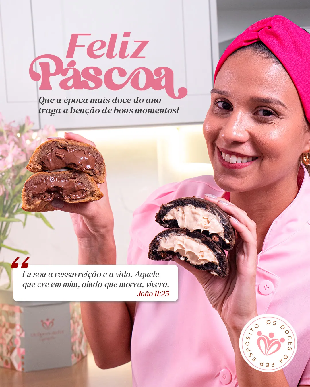 Post Feliz Páscoa com a Fer segurando ovos de Páscoa
