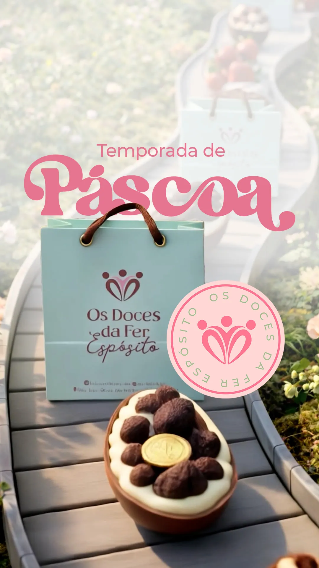 Story de capa Temporada de Páscoa com fundo de trilha e flores gerado por IA, sacola e ovo