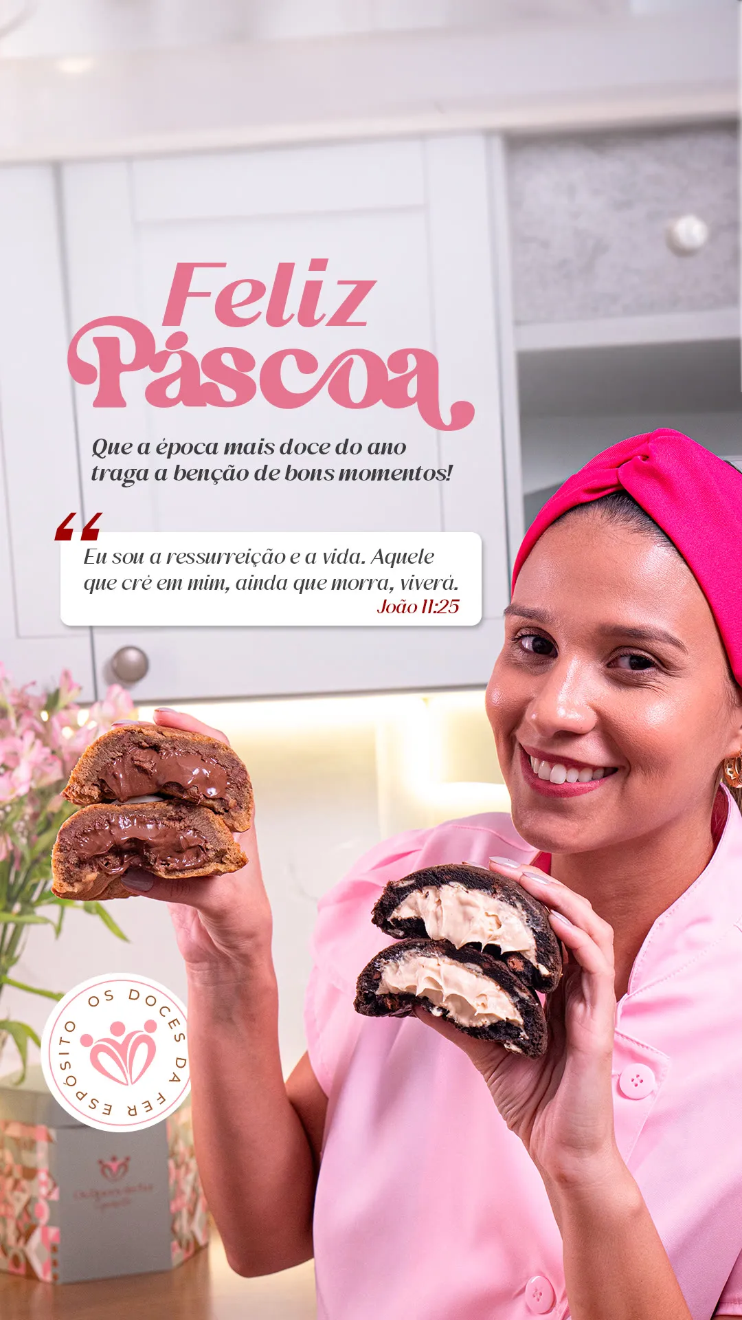 Story Feliz Páscoa com a Fer segurando ovos de Páscoa