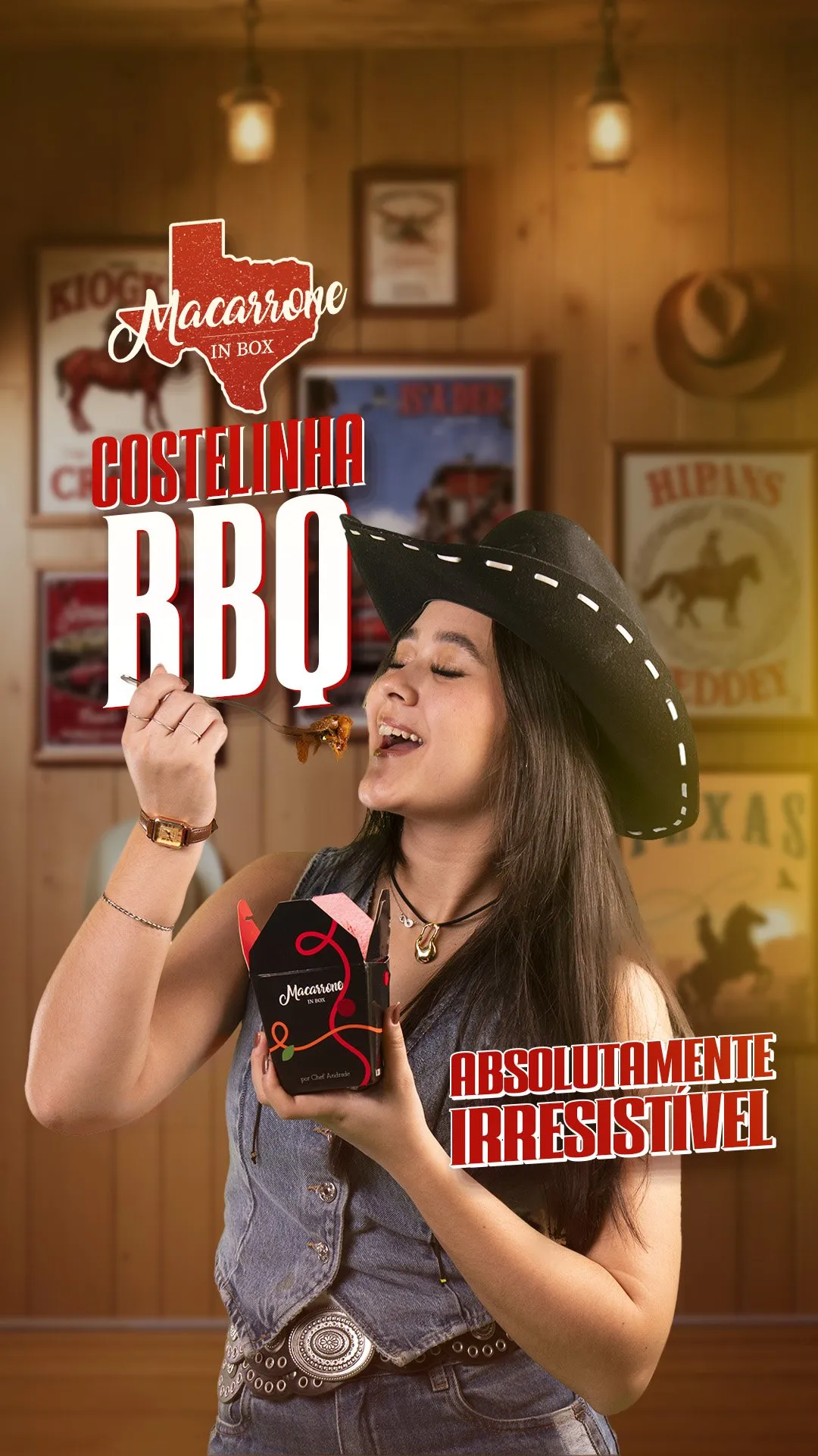 Story de lançamento com a modelo de cowboy segurando a box em cenário de faroeste
